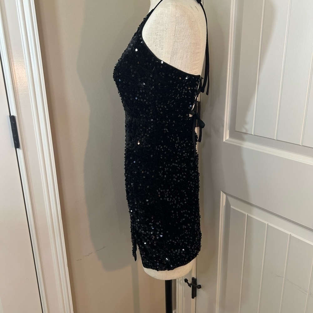 Black Sequin Ruched Sheath Dress with Plunge Neckline. Semi formal. Night Life. - Picture 2 of 12